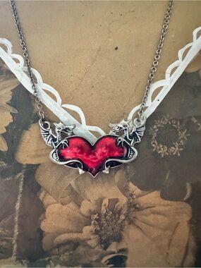 Red Heart Dragon Pendant Necklace - Gothic Silver Tone Chain